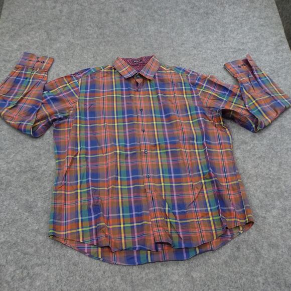 Bugatchi Uomo Button Up Shirt Mens Large Orange Long Sleeve Classic Fit Check - Picture 2 of 13